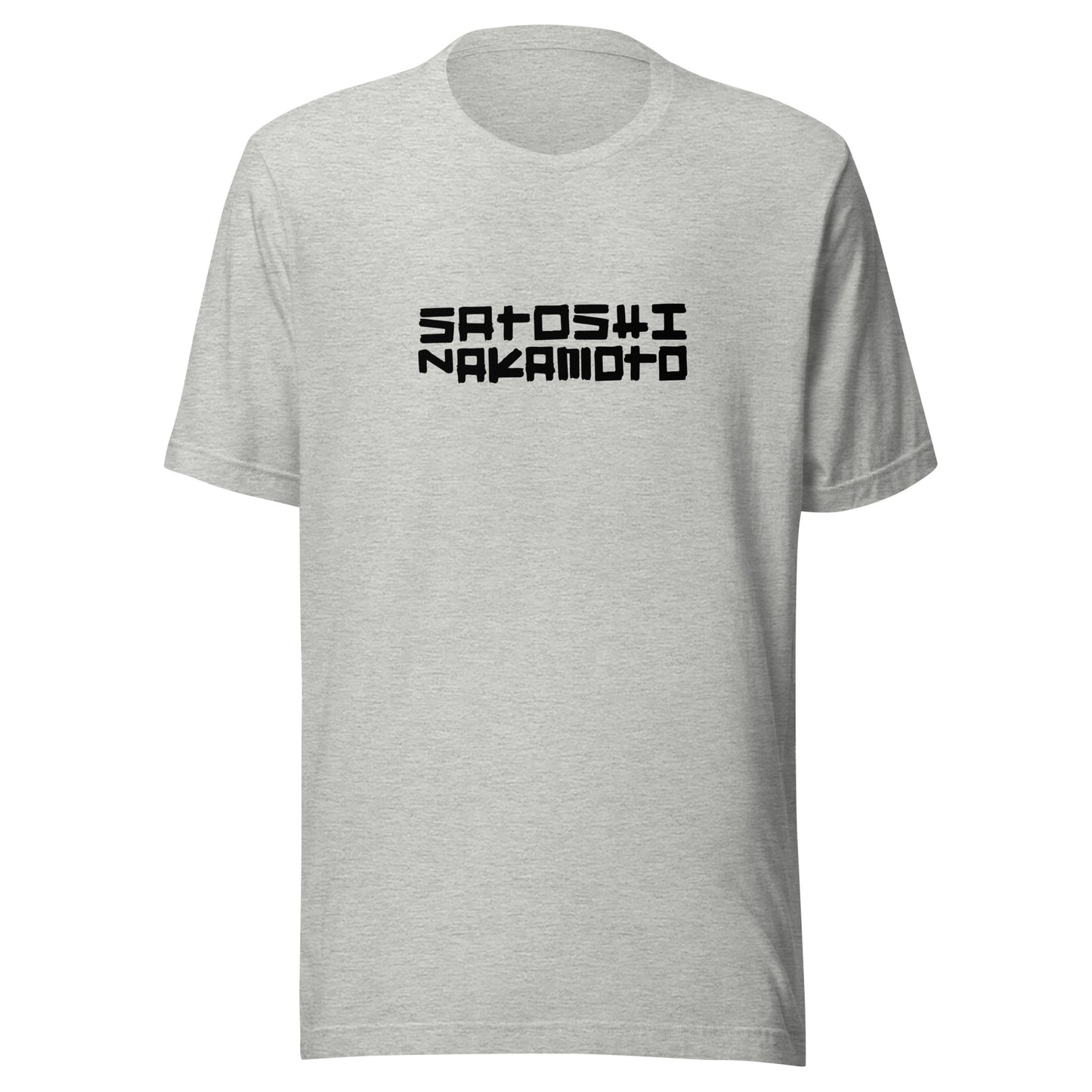 Gray t-shirt with 'Satoshi Nakamoto' text on a white background