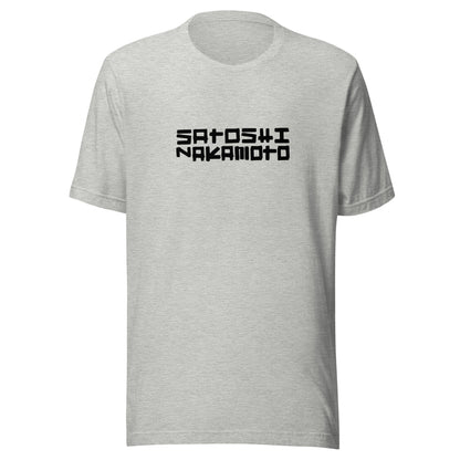 Gray t-shirt with 'Satoshi Nakamoto' text on a white background