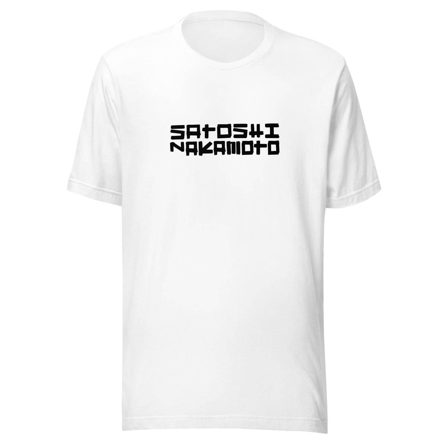 White t-shirt with 'Satoshi Nakamoto' printed on a white background