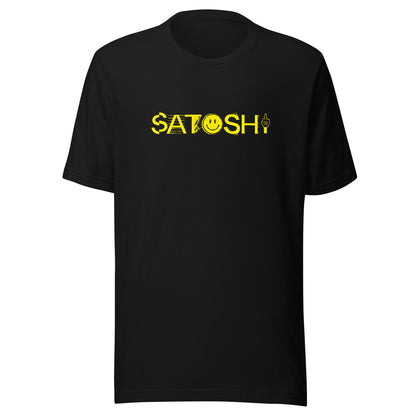 Black t-shirt with yellow 'Satoshi' text and smiley face design on a white background