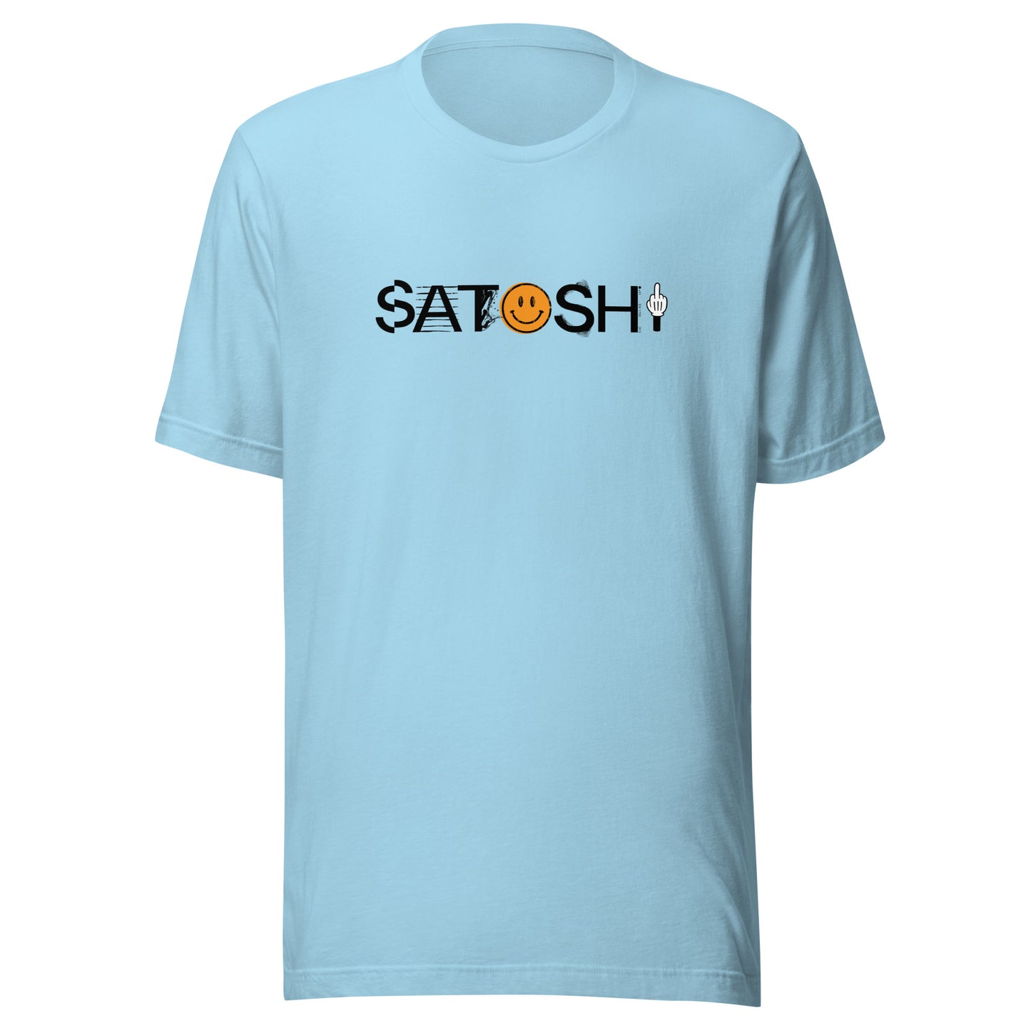 Light blue t-shirt with 'Satoshi' graphic on a white background