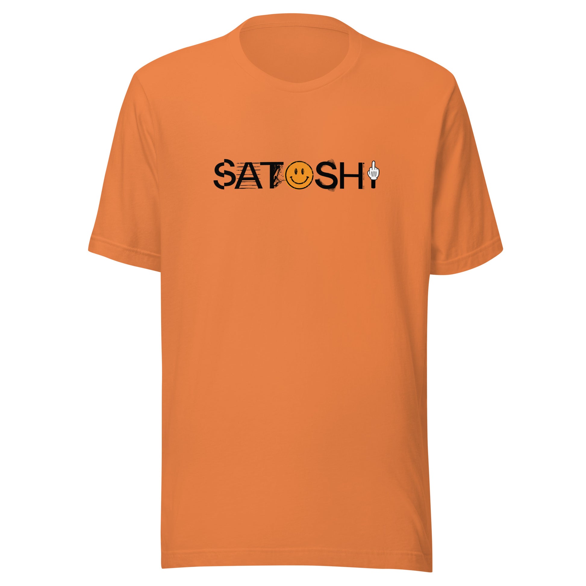 Orange t-shirt with 'Satoshi' graphic on a white background