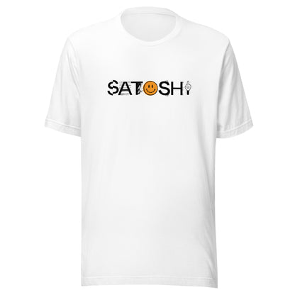 White t-shirt with 'Satoshi' graphic design on a white background