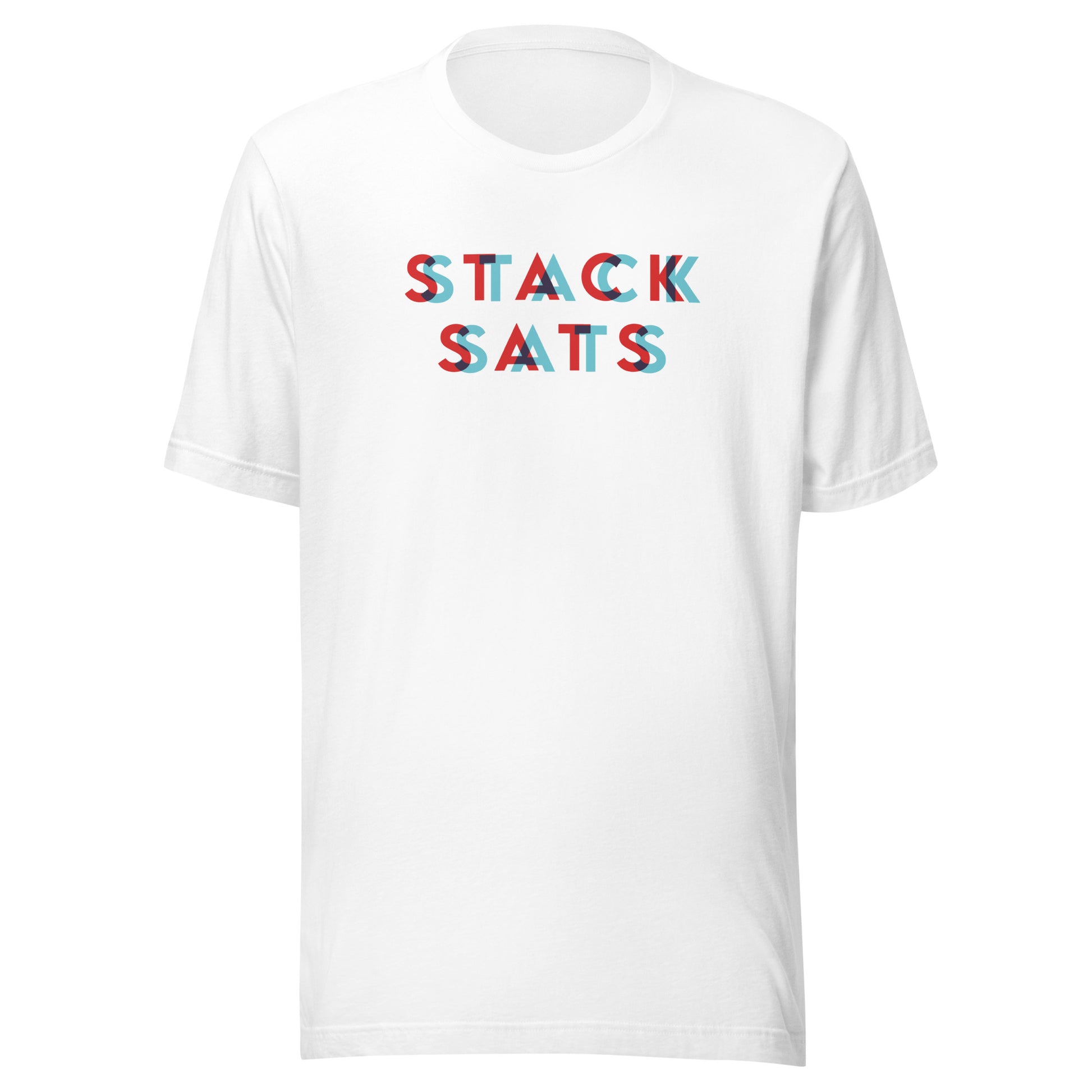 White t-shirt with colorful stack sats text on a white background