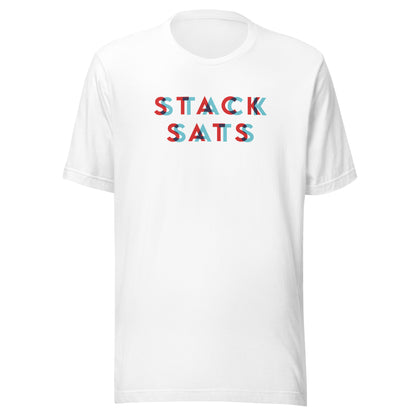 White t-shirt with colorful stack sats text on a white background