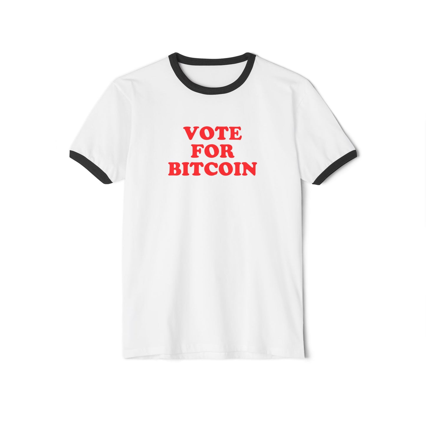 White t-shirt with 'Vote for Bitcoin' text on a white background