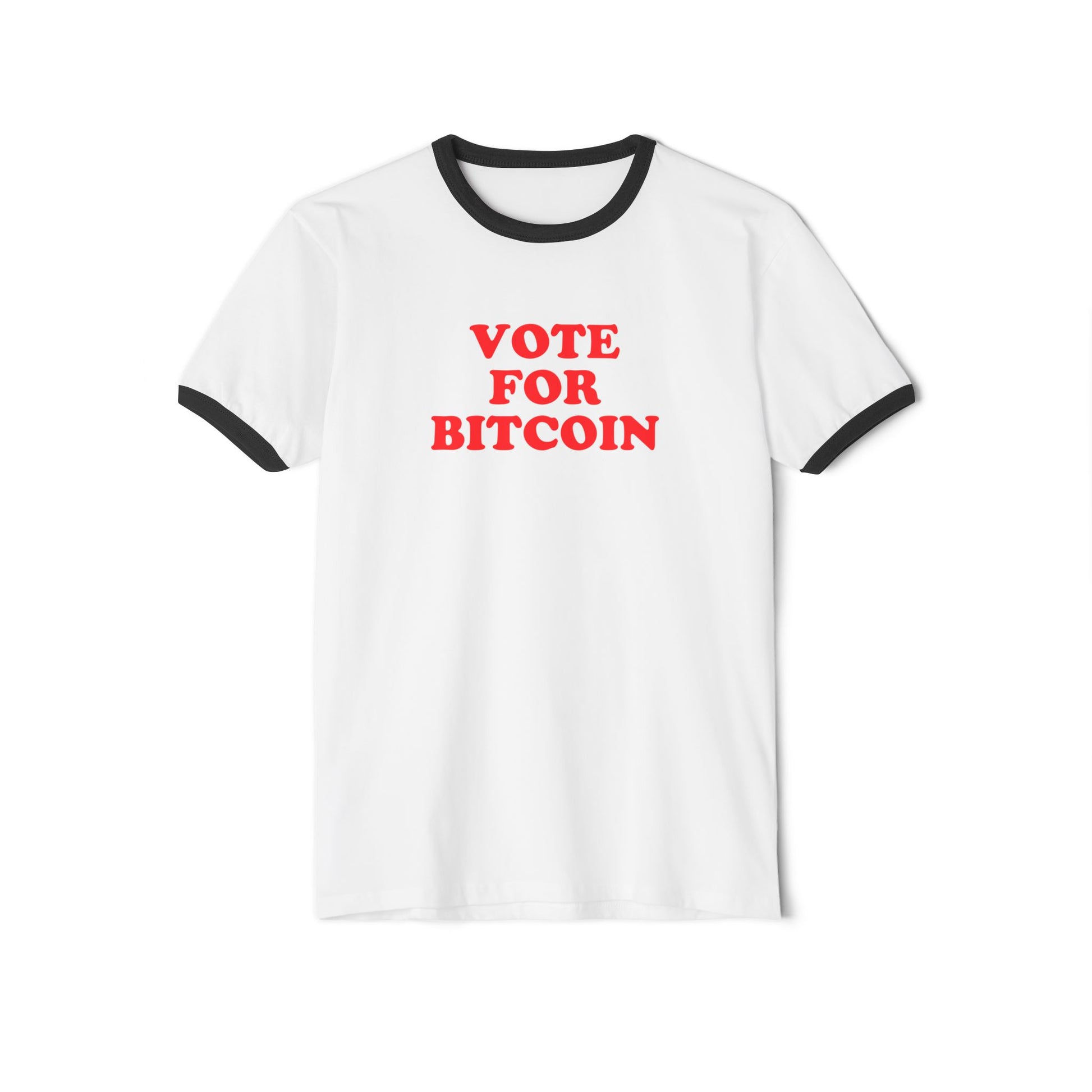 White t-shirt with 'Vote for Bitcoin' text on a white background