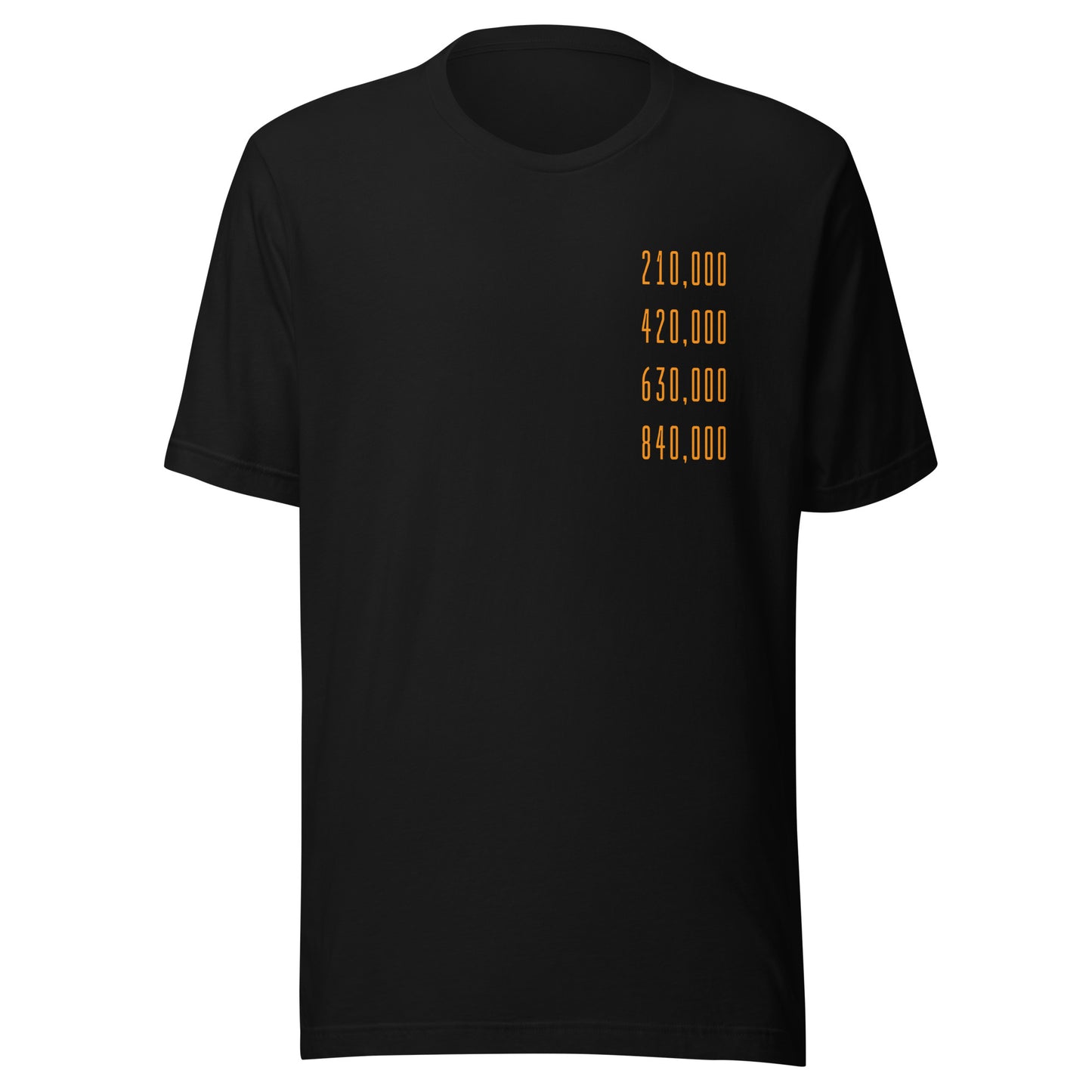 Black t-shirt with gold halving block height numbers text on a white background