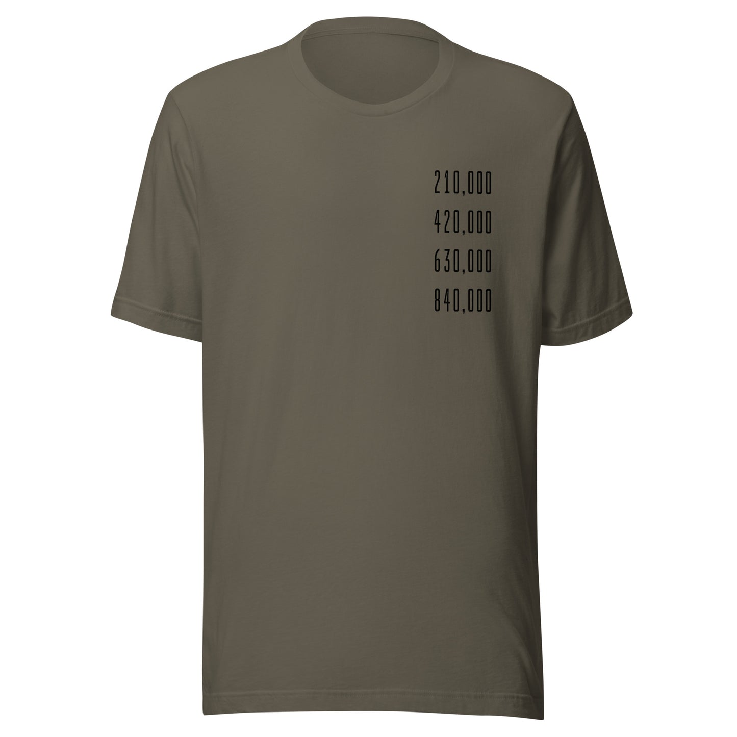 Olive green t-shirt with halving block height numbers text on a white background