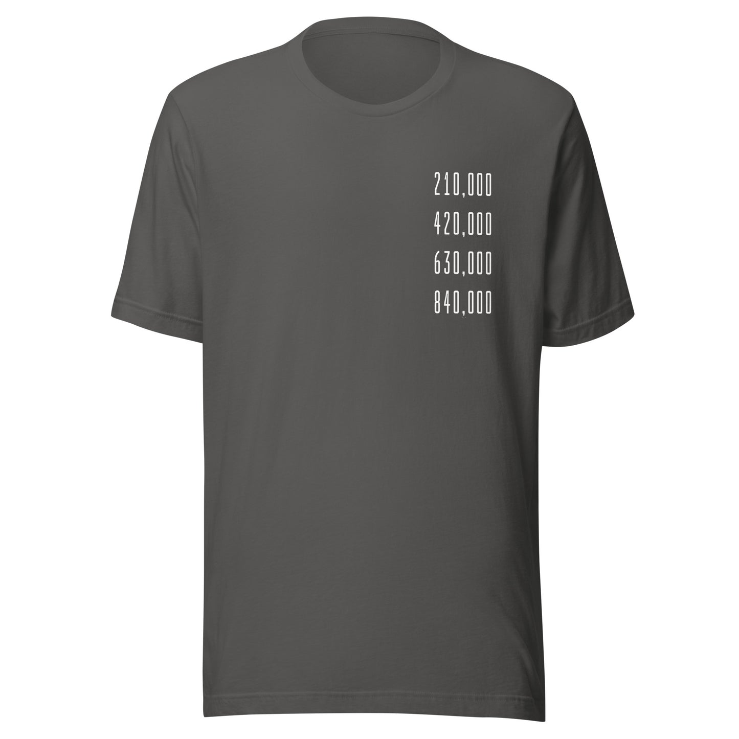 Dark gray t-shirt with white halving block height numbers text on a white background