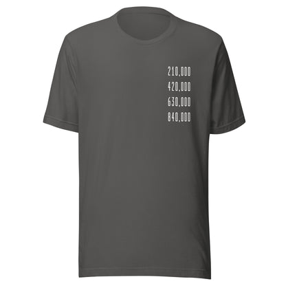 Dark gray t-shirt with white halving block height numbers text on a white background