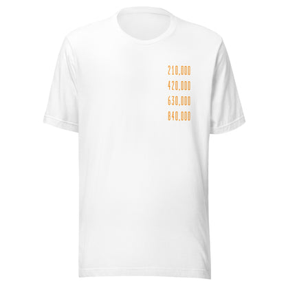 White t-shirt with gold halving bloc height numbers text on a white background