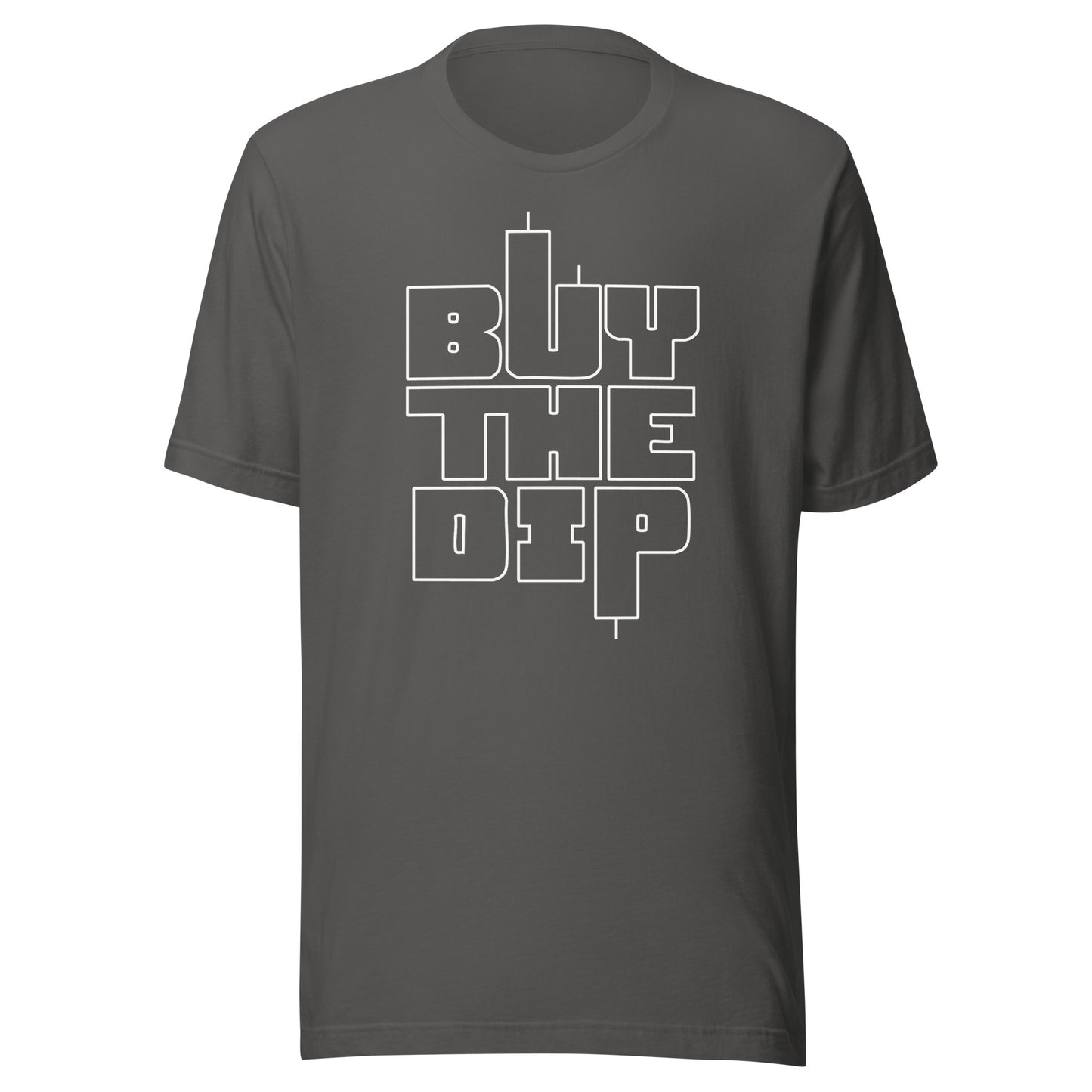 Gray t-shirt with 'BUY THE DIP' text on a white background