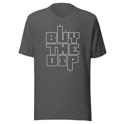 Gray t-shirt with 'BUY THE DIP' text on a white background