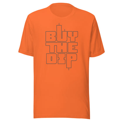 Orange t-shirt with 'BUY THE DIP' text on a white background