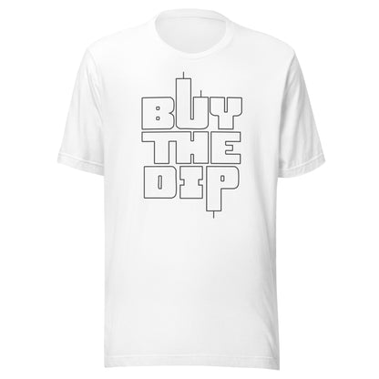 White t-shirt with 'BUY THE DIP' text on a white background