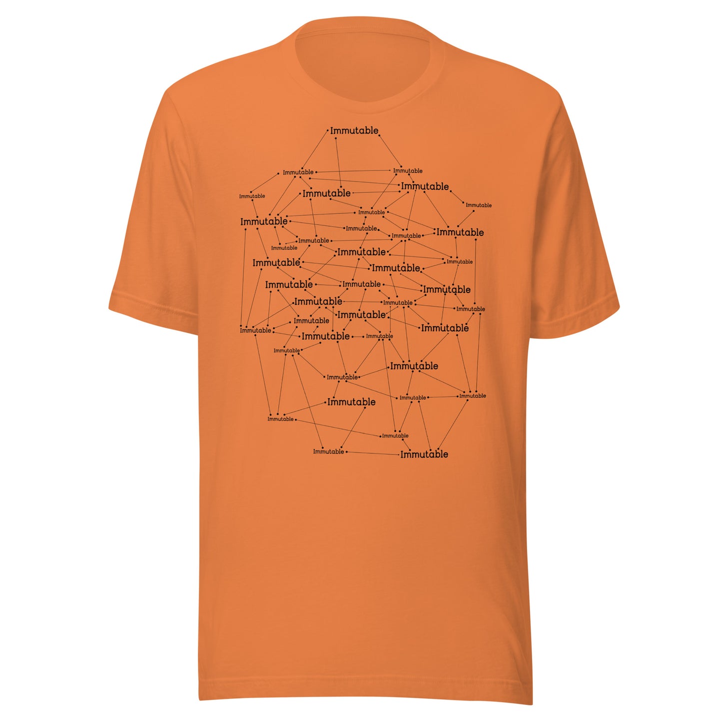 Orange t-shirt with black geometric design and immutable text on a white background