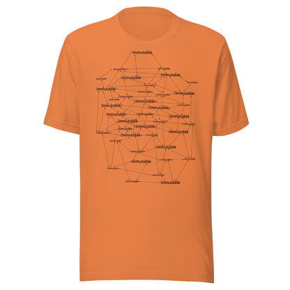 Orange t-shirt with black geometric design and immutable text on a white background