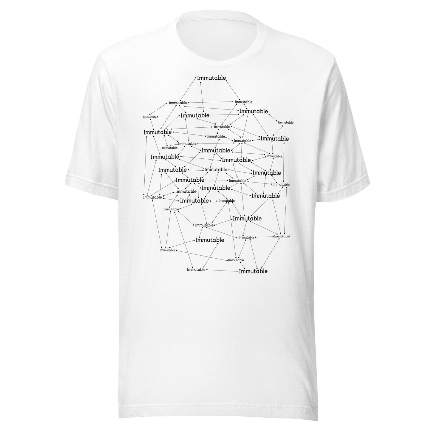 White t-shirt with immutable black text design on a white background