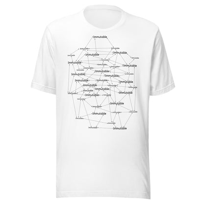 White t-shirt with immutable black text design on a white background