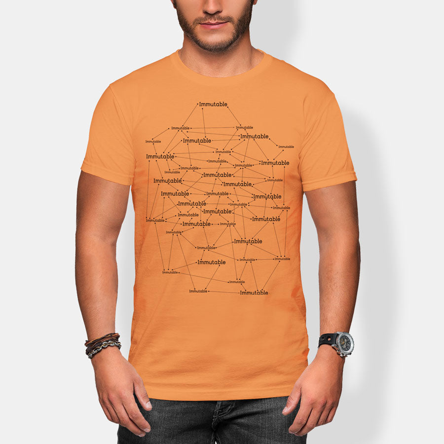 Person wearing an orange immutable t-shirt with a geometric design on a white background