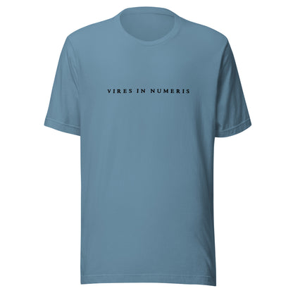 Blue t-shirt with 'VIRES IN NUMERIS' text on a white background