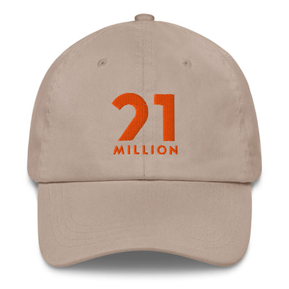 Beige cap with orange '21 Million' text on a white background