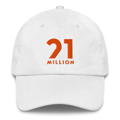 White cap with '21 Million' in orange text on a white background