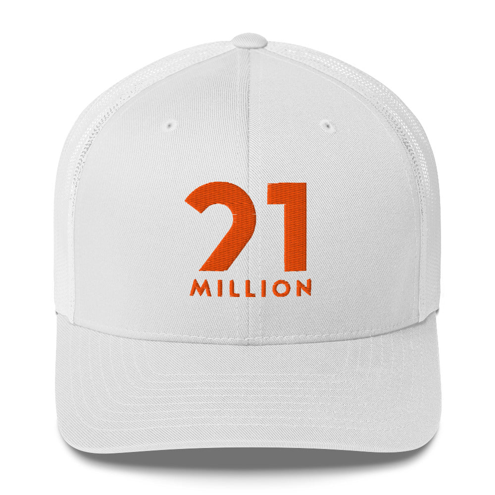 White cap with orange '21 Million' logo on a white background