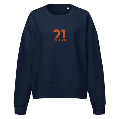 Navy blue sweatshirt with orange 21 million logo on a white background