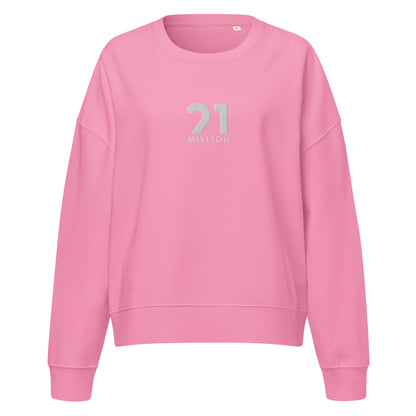 Pink sweatshirt with a 21 million logo on a white background
