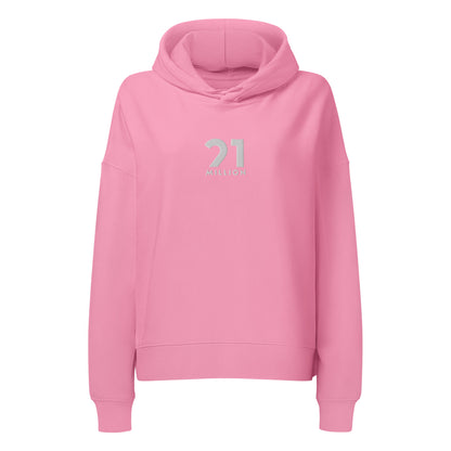 Pink hoodie with a 21 million logo on a white background