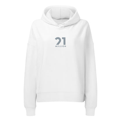 White hoodie with a 21 million logo on a white background