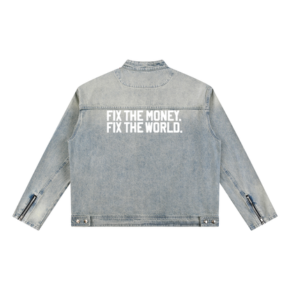 Fix the Money. Fix the World. Fact. Vintage Wash Zip Denim Jacket