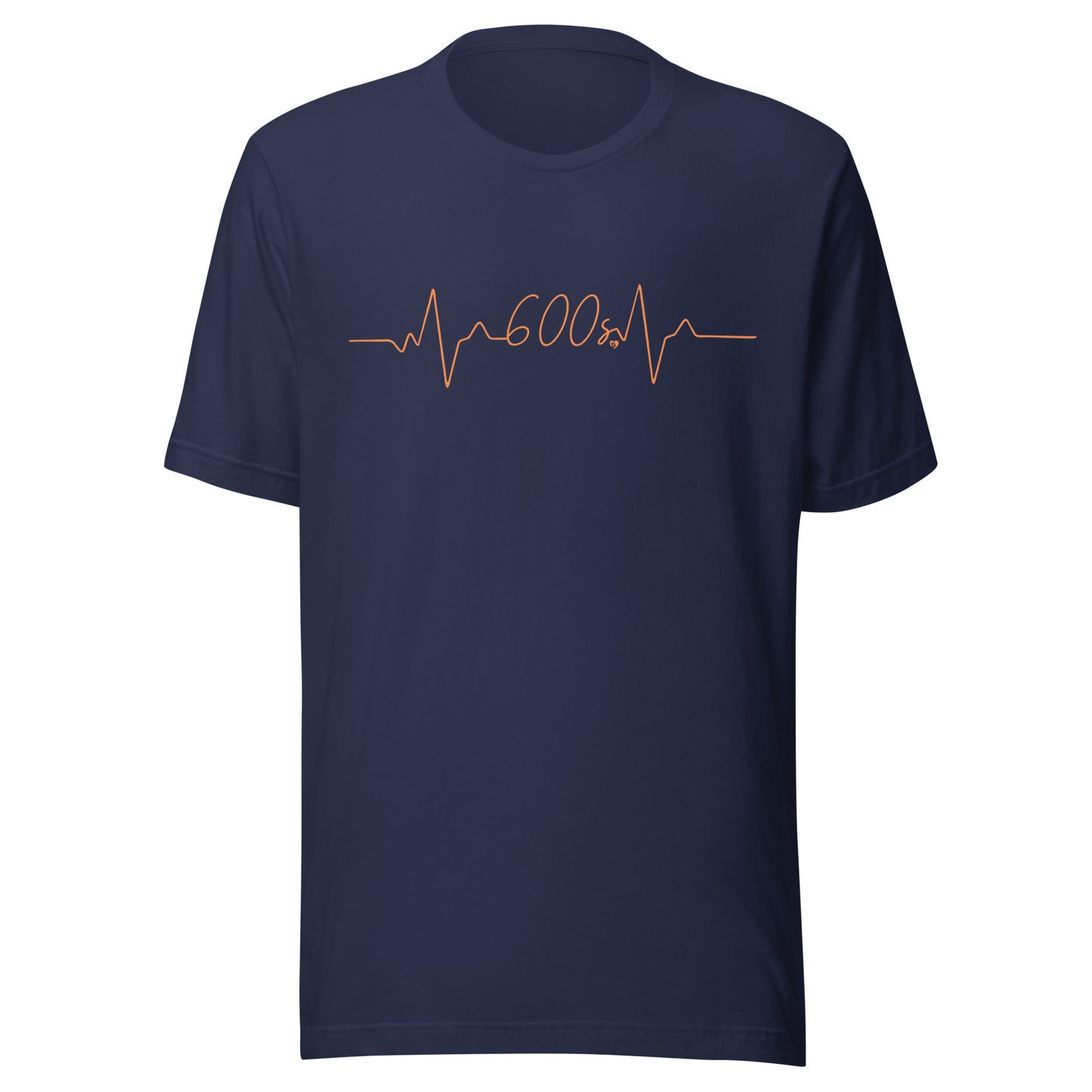 Navy blue t-shirt with a heart rate 600 seconds design on a white background