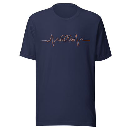 Navy blue t-shirt with a heart rate 600 seconds design on a white background
