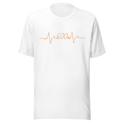 White t-shirt with orange heartbeat 600 seconds design on a white background