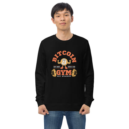 Person wearing a black sweatshirt with Bitcoin Gym graphic on a white background