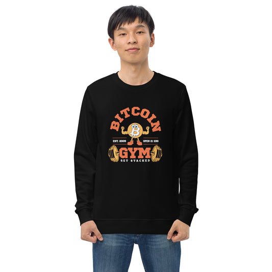 Person wearing a black sweatshirt with Bitcoin Gym graphic on a white background