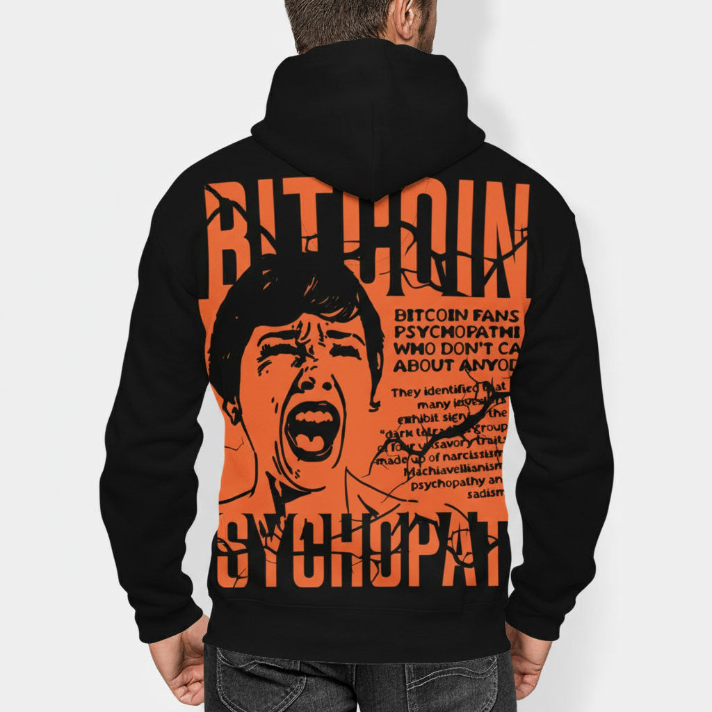 Black hoodie with orange bitcoin psychopath graphic and text on a white background
