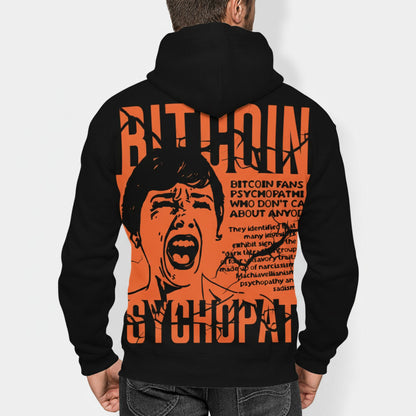 Black hoodie with orange bitcoin psychopath graphic and text on a white background