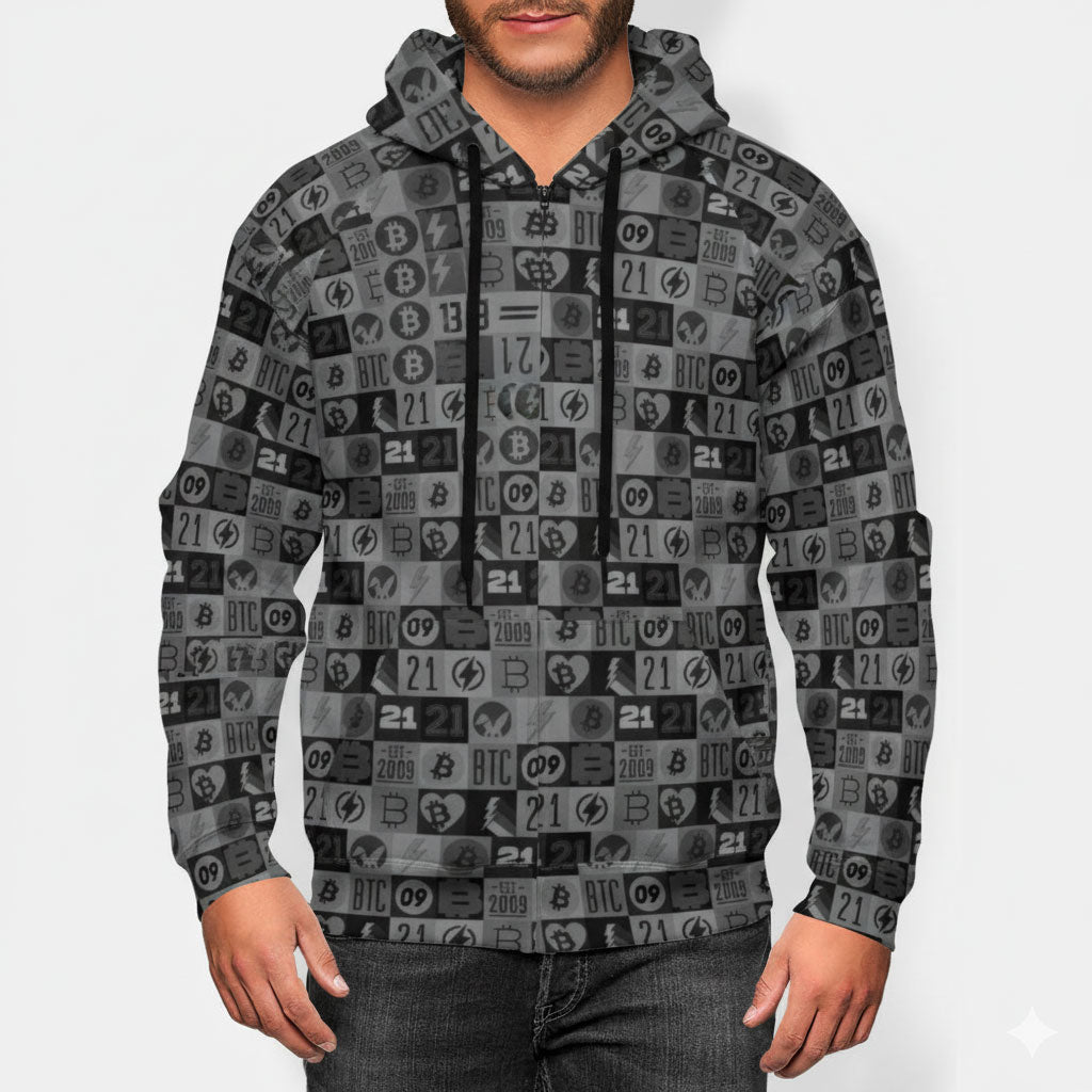 Sudadera unisex con capucha y cremallera Bitcoin Journey, negra y gris