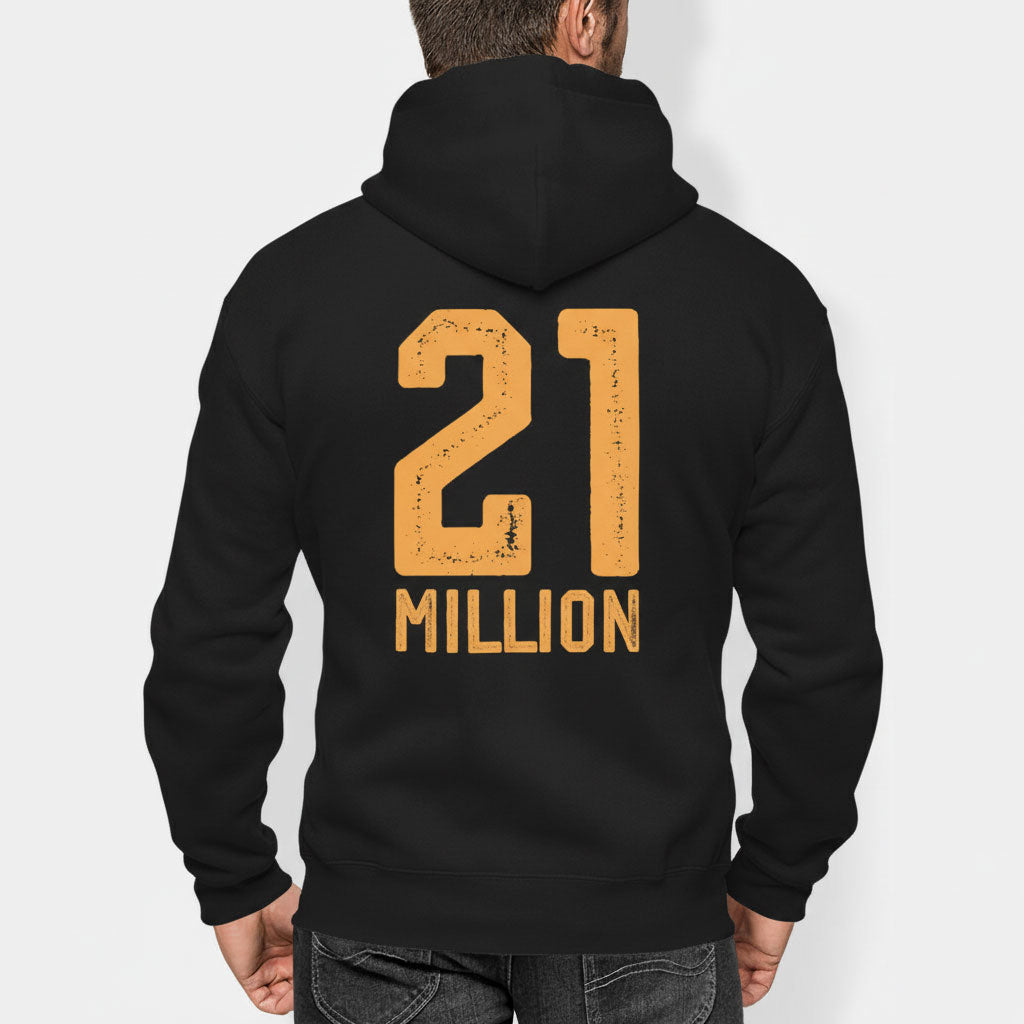 Black hoodie with '21 MILLION' printed on the back against a white background