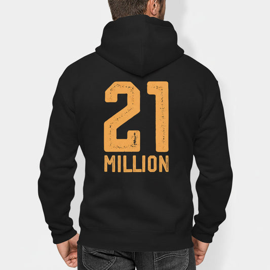 Black hoodie with '21 MILLION' printed on the back against a white background