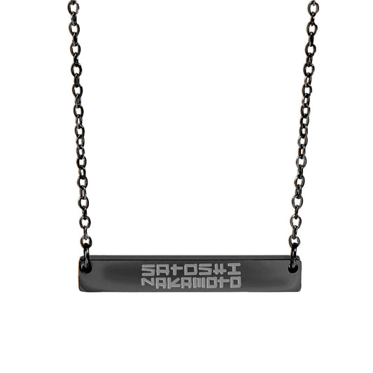Black necklace with engraved satoshi nakamoto name on a white background