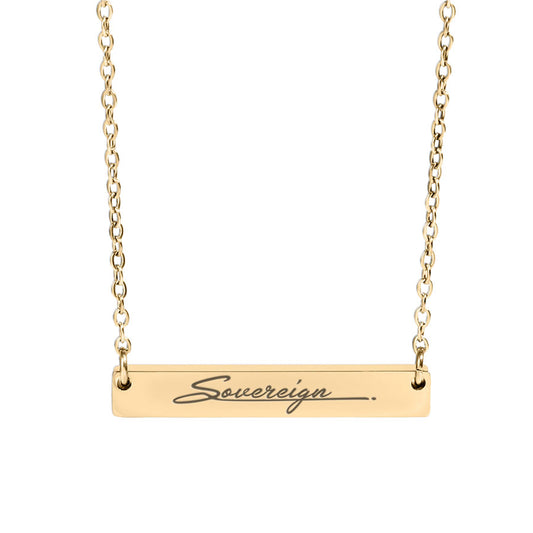Gold necklace with a bar pendant engraved with 'Sovereign' on a white background