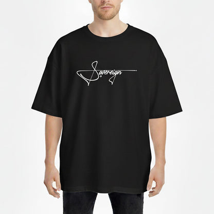 Person wearing a black opsec t-shirt with 'Sovereign' logo on a white background