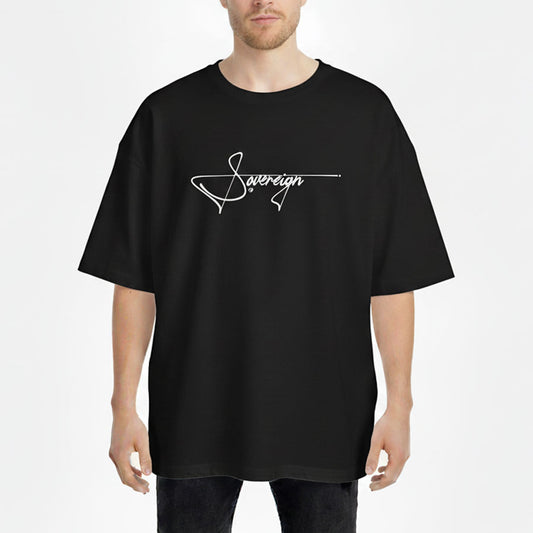 Person wearing a black opsec t-shirt with 'Sovereign' logo on a white background