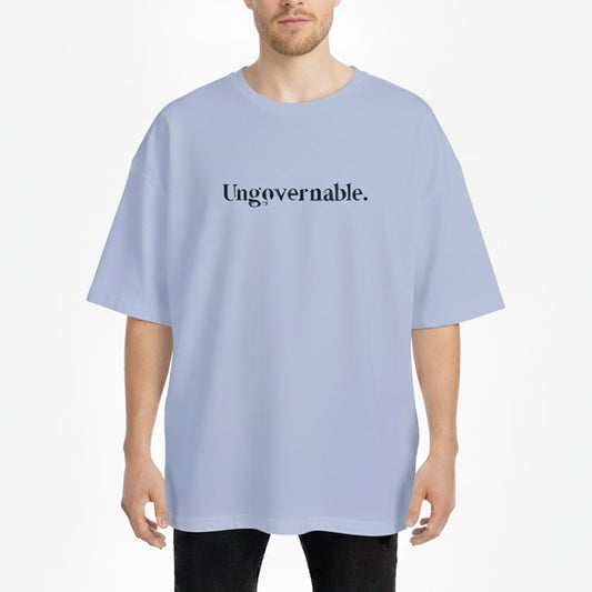 Person wearing a light blue t-shirt with 'Ungovernable.' text on a white background