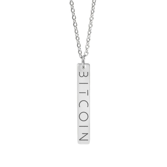 Silver necklace with a bar pendant engraved with 'BITCOIN' on a white background